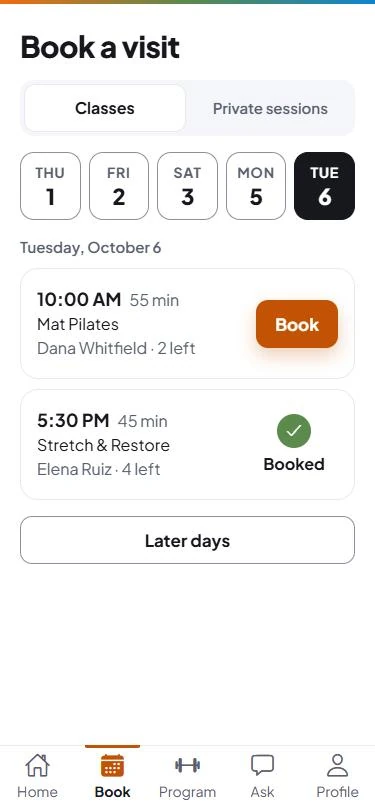 Client app booking screen: day buttons, a class with a Book button and a class marked Booked.