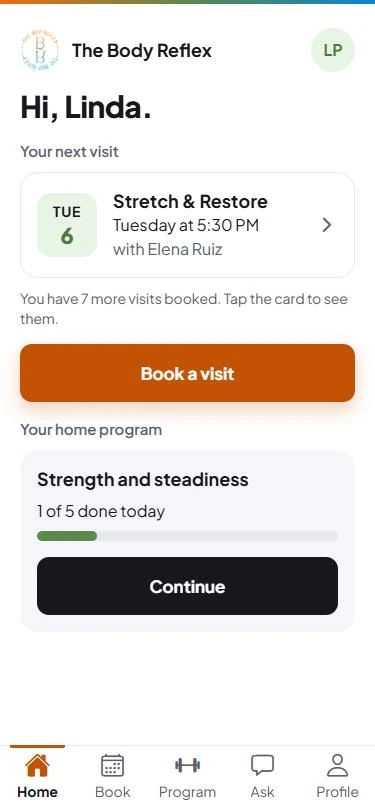 Client app home screen: the next visit, a Book a visit button, and the home program with a progress bar.