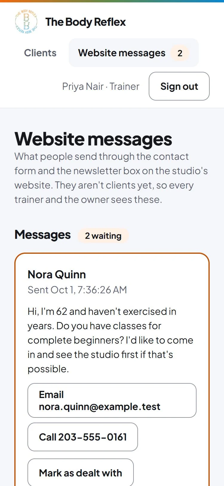The staff dashboard on a phone, on its Website messages page: two messages waiting, the first from someone asking about beginner classes, with buttons to email, call or mark it as dealt with.