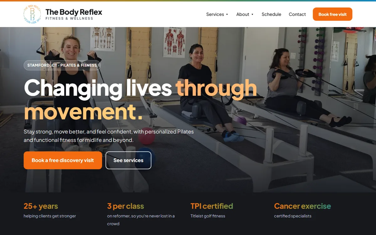 The rebuilt homepage: a full-width studio photo, the headline Changing lives through movement, and one button to book a free visit.