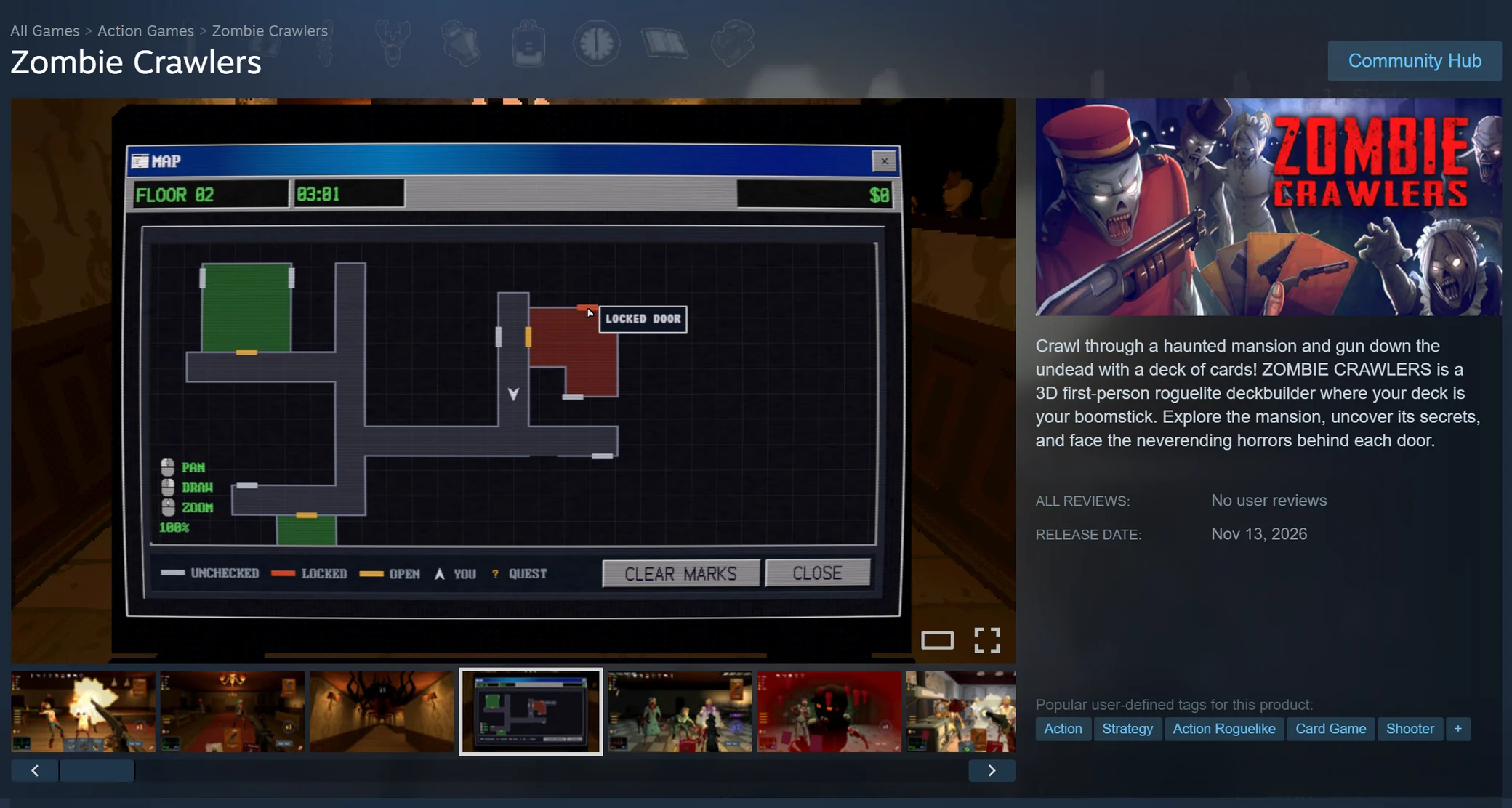 The Steam store page for Zombie Crawlers: a screenshot of the game's map screen, styled like an old desktop window with rooms and a locked door marked, beside the game's cover art, a short description, and a release date of Nov 13, 2026.